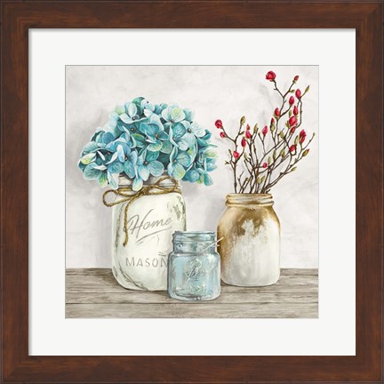 Framed Floral Composition with Mason Jars I Print