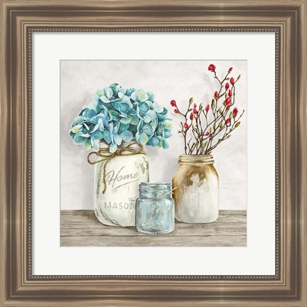 Framed Floral Composition with Mason Jars I Print