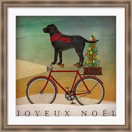 Framed Black Lab on Bike Christmas Print