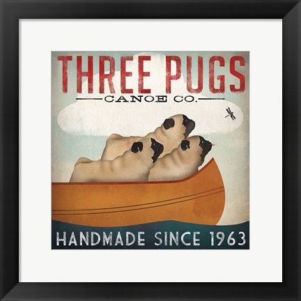 Framed Three Pugs in a Canoe Print