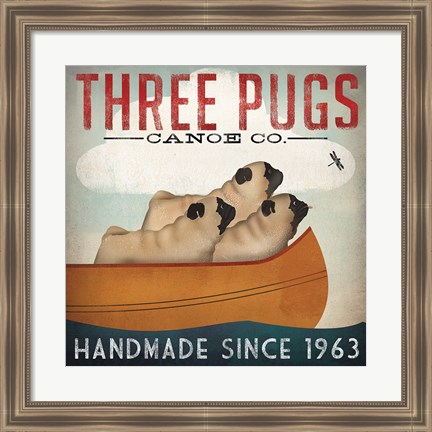 Framed Three Pugs in a Canoe Print