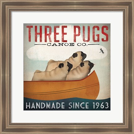 Framed Three Pugs in a Canoe Print