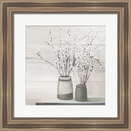 Framed Pussy Willow Still Life Gray Pots Shiplap Print