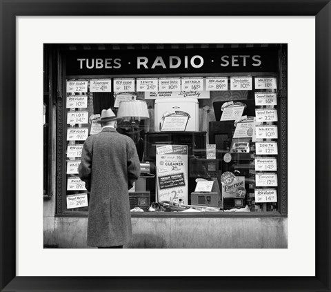 Framed 1940s Man Looking At Window Display Of Radios Print