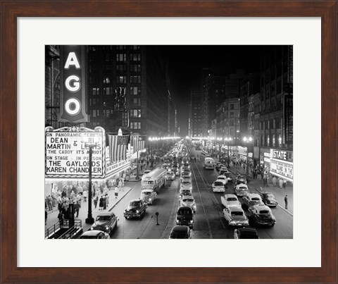 Framed 1950s 1953 Night Scene Of Chicago State Street Print