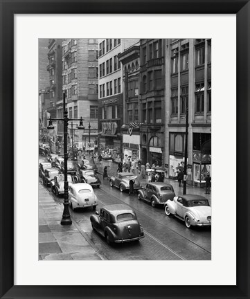 Framed 1940s Rainy Day On Chestnut Street Philadelphia Print