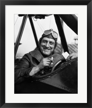 Framed 1920s Smiling Man Pilot In Cockpit Of Airplane Print