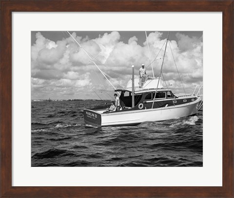 Framed 1950s 3 Men Trolling Off Of Fishing Boat Print