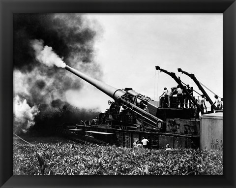 Framed 1940s WWII Big Artillery Railroad Gun Firing Print