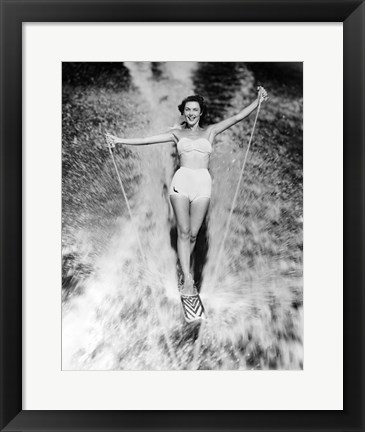 Framed 1950s Smiling Woman In White Two Piece Bathing Suit Print