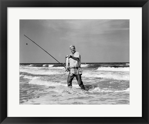 Framed 1950s Older Man Standing In Surf Print