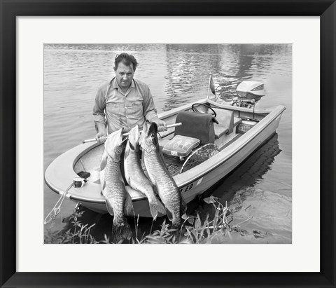 Framed 1970s Man In Small Motorboat Print