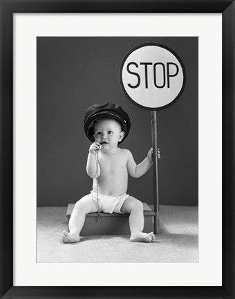 Framed 1940s Baby Boy Holding Stop Sign Print