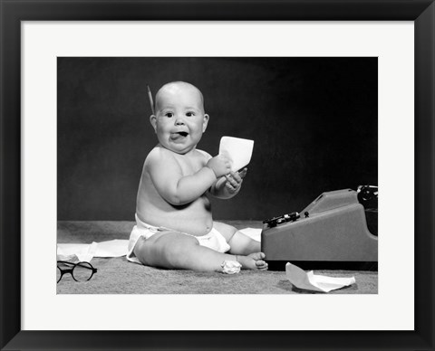 Framed 1960s Eager Baby Accountant Working At Adding Machine Print