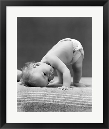 Framed 1940s Baby Bending Down With Head On Blanket Print