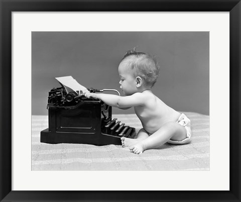 Framed 1940s Baby In Diaper Typing Print