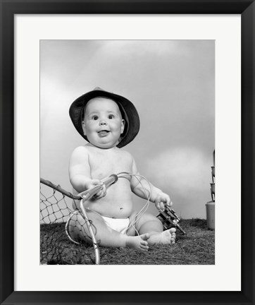 Framed 1960s Baby Girl Wearing Fishing Hat Print