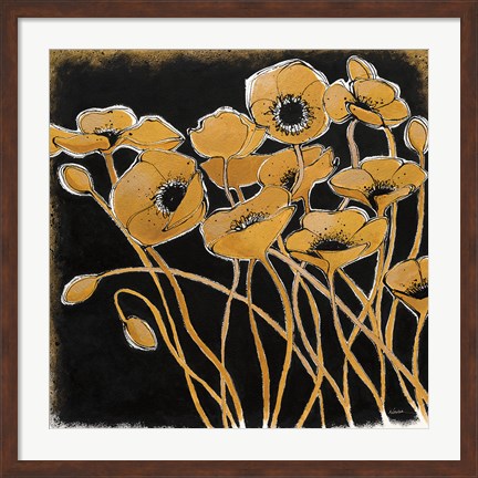 Framed Gold Black Line Poppies I Print