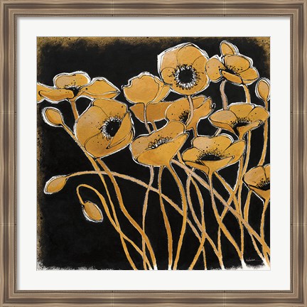 Framed Gold Black Line Poppies I Print