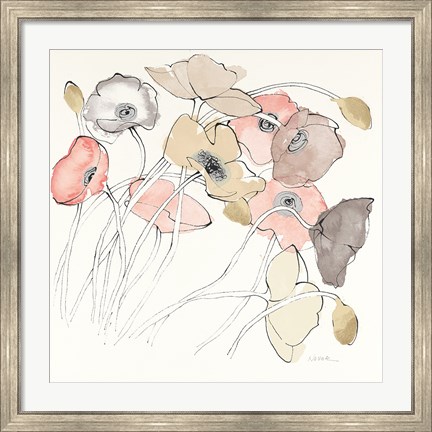 Framed Black Line Poppies II Watercolor Neutral Print