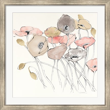 Framed Black Line Poppies I Watercolor Neutral Print