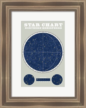 Framed Northern Star Chart Blue Gray Print