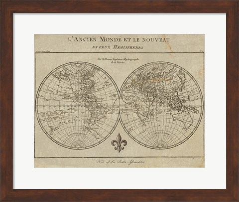 Framed Map of the World Sepia Print