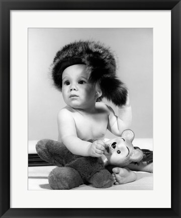 Framed 1960s Baby Wearing Coonskin Hat Print