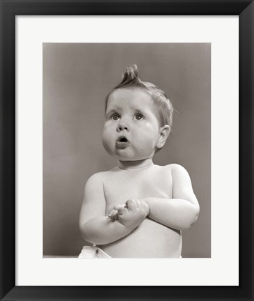 Framed 1950s Worried Baby Looking Up Uncertain Print