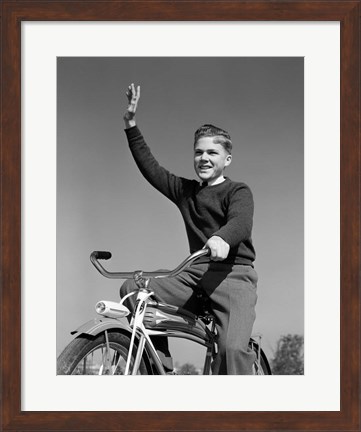 Framed 1940s 1950s Smiling Boy Riding Bike Waving Print