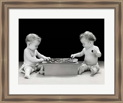 Framed 1930s 1940s Twin Babies Playing Game Of Checkers Print