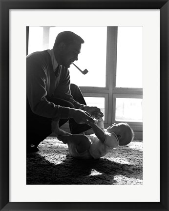 Framed 1950s Silhouetted By Window Light  Father Pipe In Mouth Print