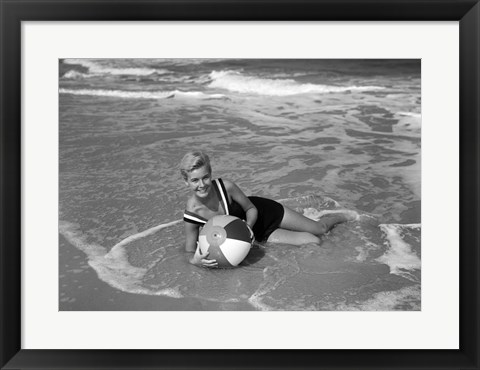 Framed 1960s Woman In Bathing Suit Lying In The Surf Print