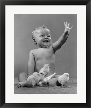 Framed 1950s Laughing Baby Surrounded By Little Baby Chicks Print