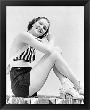 Framed 1930s  Smiling Brunette Woman Wearing Striped Halter Top Print