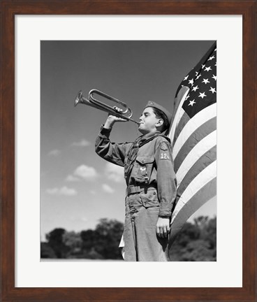 Framed 1950s Boy Scout In Uniform Standing In Front American Flag Print