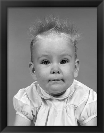 Framed 1960s Head On Portrait Of Baby Girl In Ruffled Dress Print