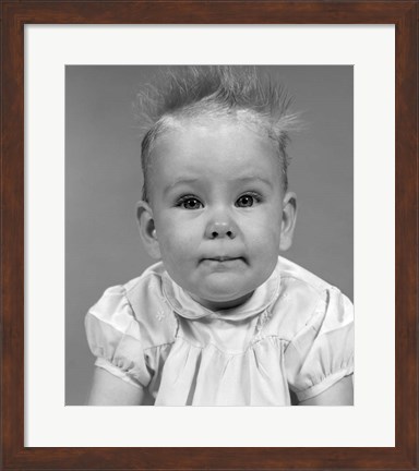 Framed 1960s Head On Portrait Of Baby Girl In Ruffled Dress Print