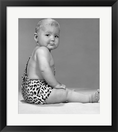 Framed 1960s Grumpy Expression Baby In Leopard Costume Print