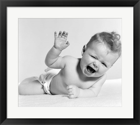 Framed 1950s Baby Lying On Stomach Laughing Print