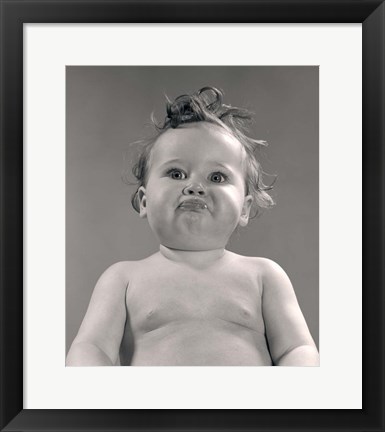 Framed 1950s Portrait Baby With Messy Hair &amp; Pursed Lips Print