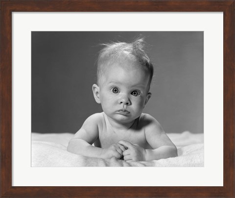 Framed 1960s Baby Lying On Stomach With Messy Hair Print