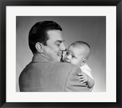 Framed 1950s Proud Smiling Father Holding Baby Face To Camera Print