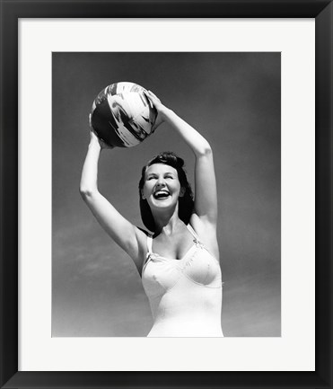 Framed 1940s Woman In White Bathing Suit Holding A Beach Ball Print