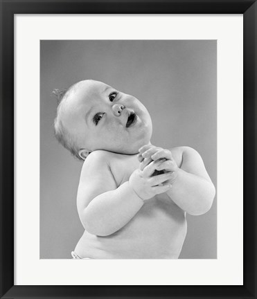 Framed 1950s Baby In Diaper Head To One Side Arms Hands Clasped In Front Print