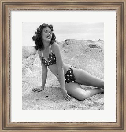 Framed 1950s 1960s Brunette Bathing  Stretched Out On Sand? Print