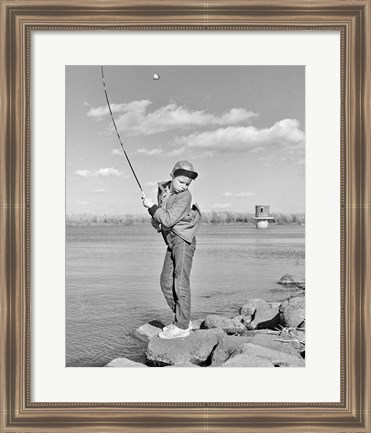 Framed 1980s Boy Fishing On Riverbank Print