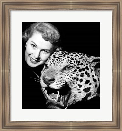 Framed 1950s Woman Face Posed With Growling Stuffed Leopard Head Print