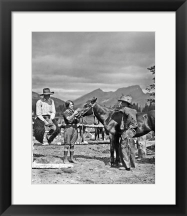 Framed 1930s Cowboys &amp; A Woman Grooming A Horse Print