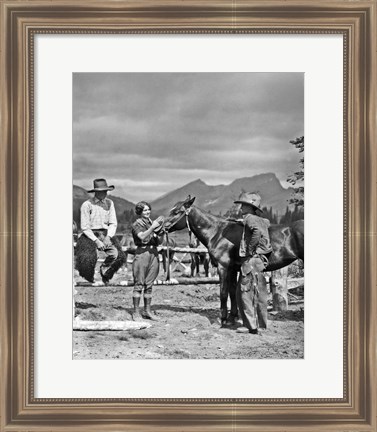 Framed 1930s Cowboys &amp; A Woman Grooming A Horse Print